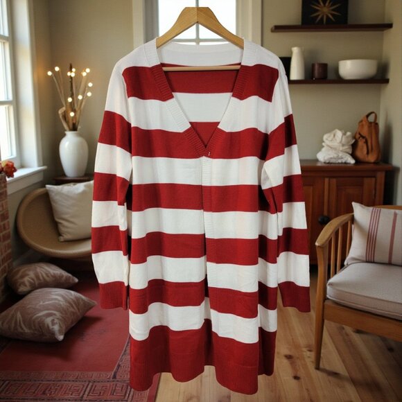 Red & White Striped Open-Front Cardigan | OSFM | Game Day Apparel - Picture 5 of 8